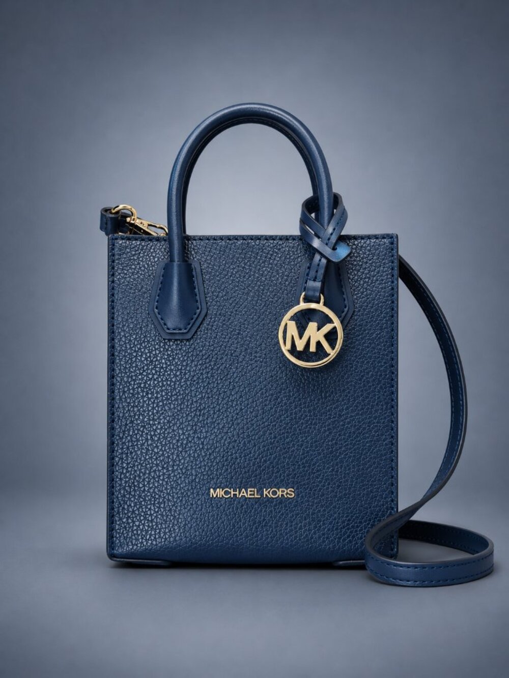MICHAEL KORS Navy Pebbled Leather Mini Crossbody Satchel Tote Bag Gold Hardware - Picture 6 of 9